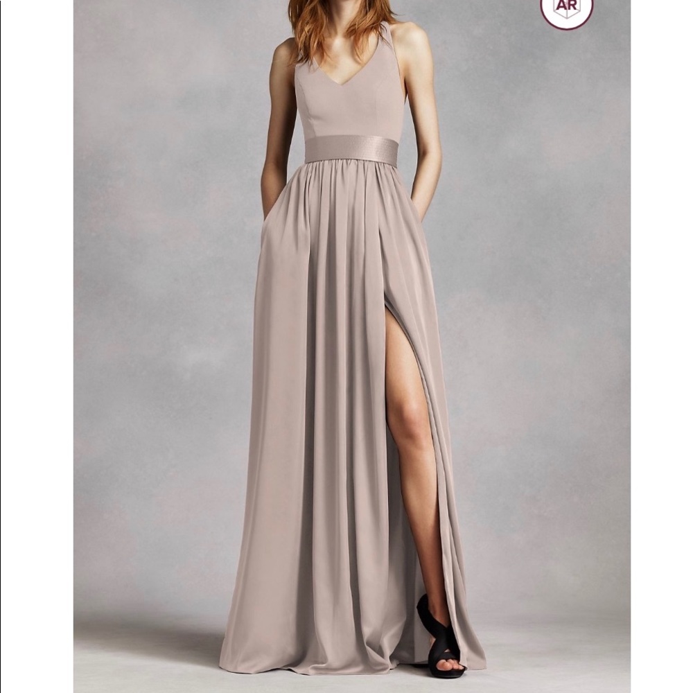 White by Vera Wang V Neck Halter Gown with Sash